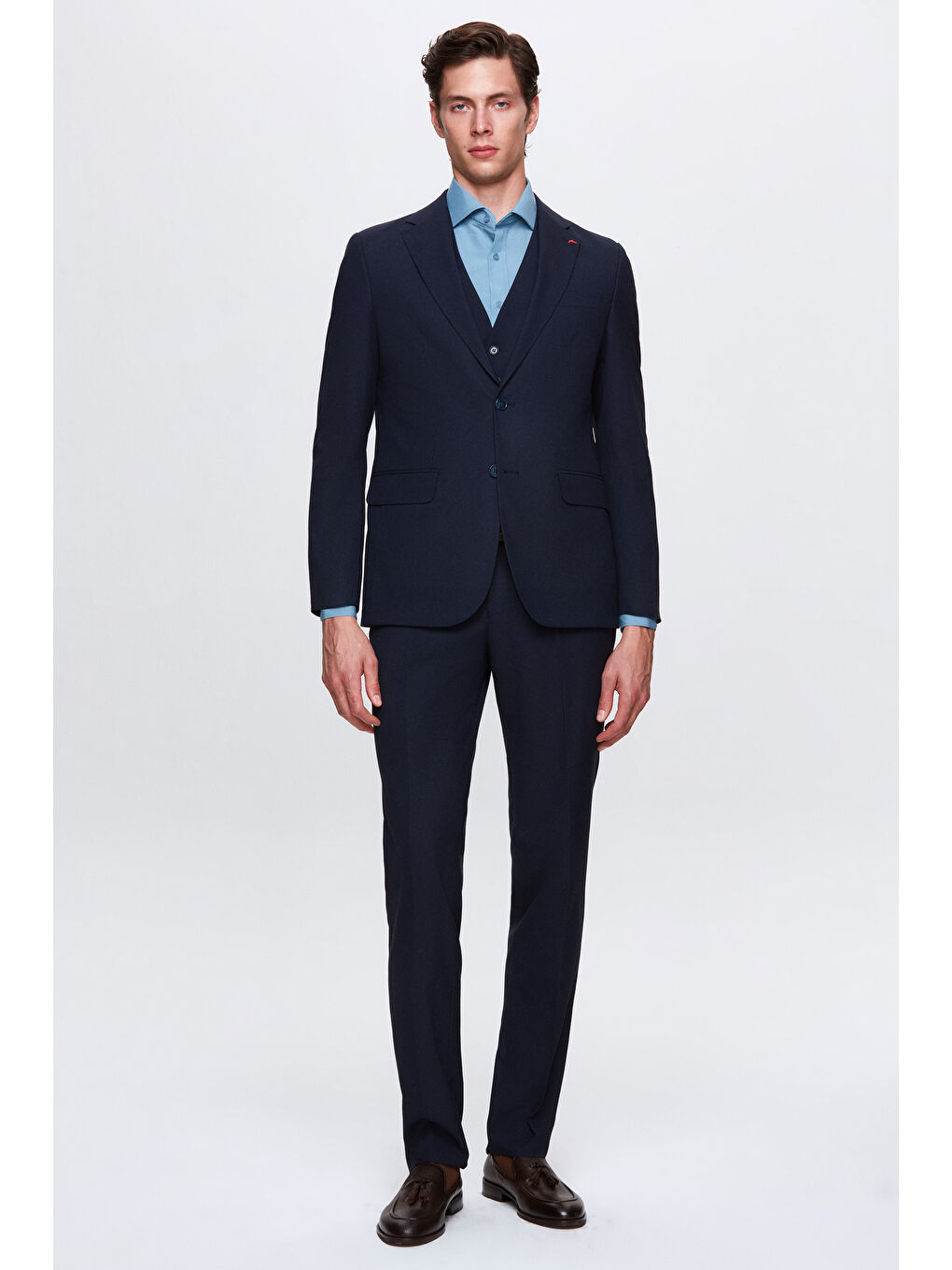 Slim Fit Lacivert Mono Yaka Tek Yırtmaçlı Astarlı Takim Elbise Yelekli-3