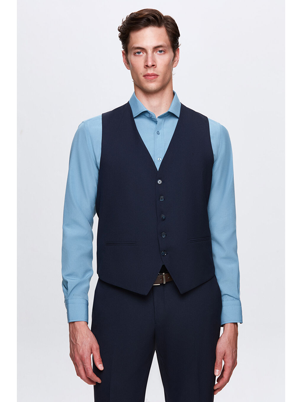 Slim Fit Lacivert Mono Yaka Tek Yırtmaçlı Astarlı Takim Elbise Yelekli-8