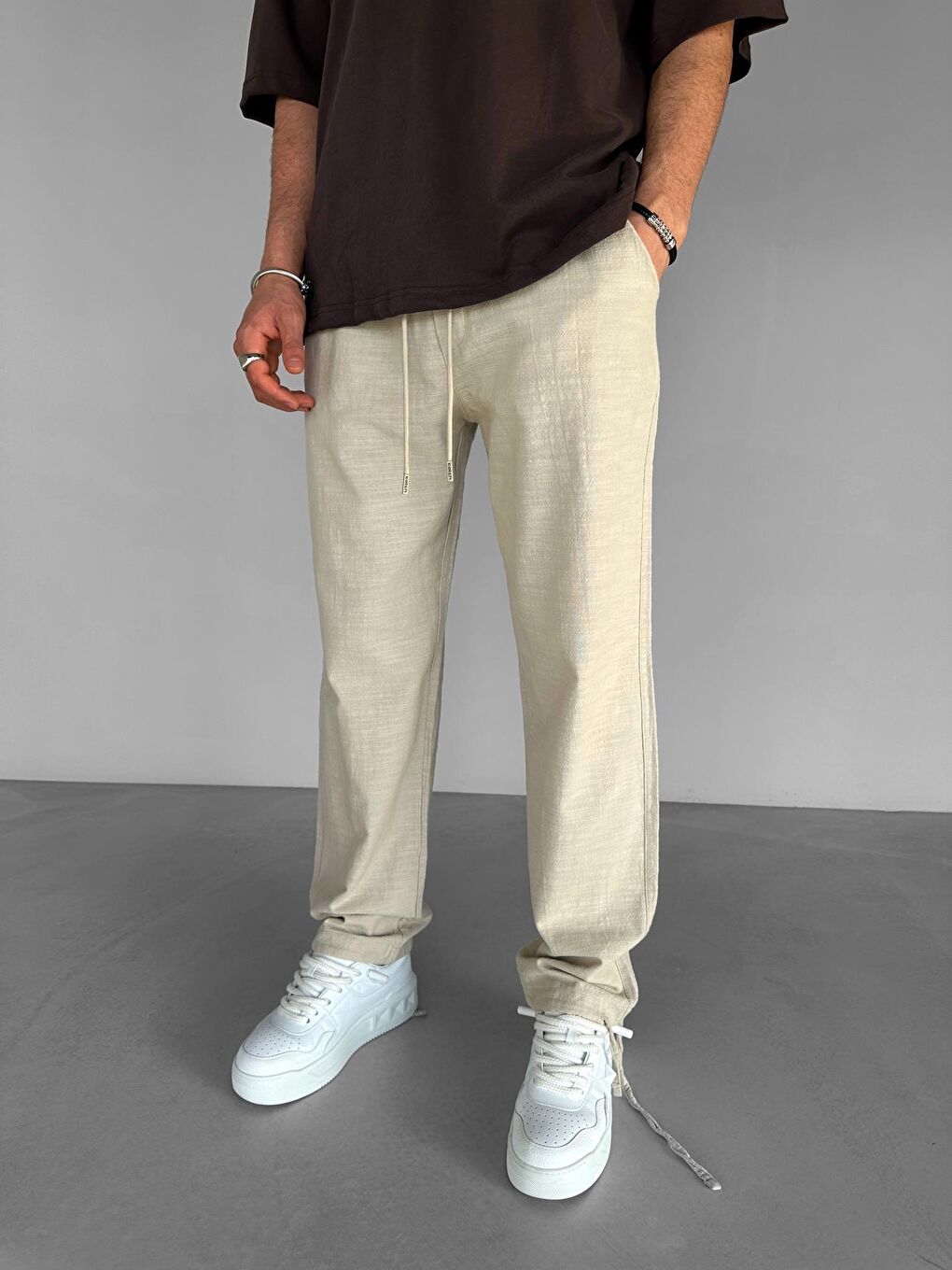 Beli Lastikli Yazlık Rahat Kalıp Esnek Pamuklu Keten Erkek Pantolon Bej-2