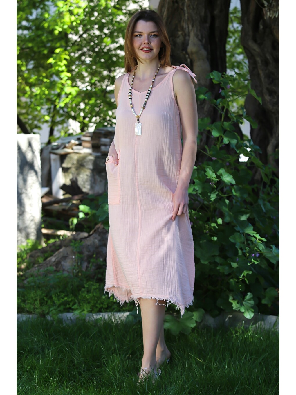 Pastel Pembe V Yaka Askılı Bağlamalı Cepli Pis Dikişli Casual Müslin Asimetrik Dokuma Elbise 115 55-2