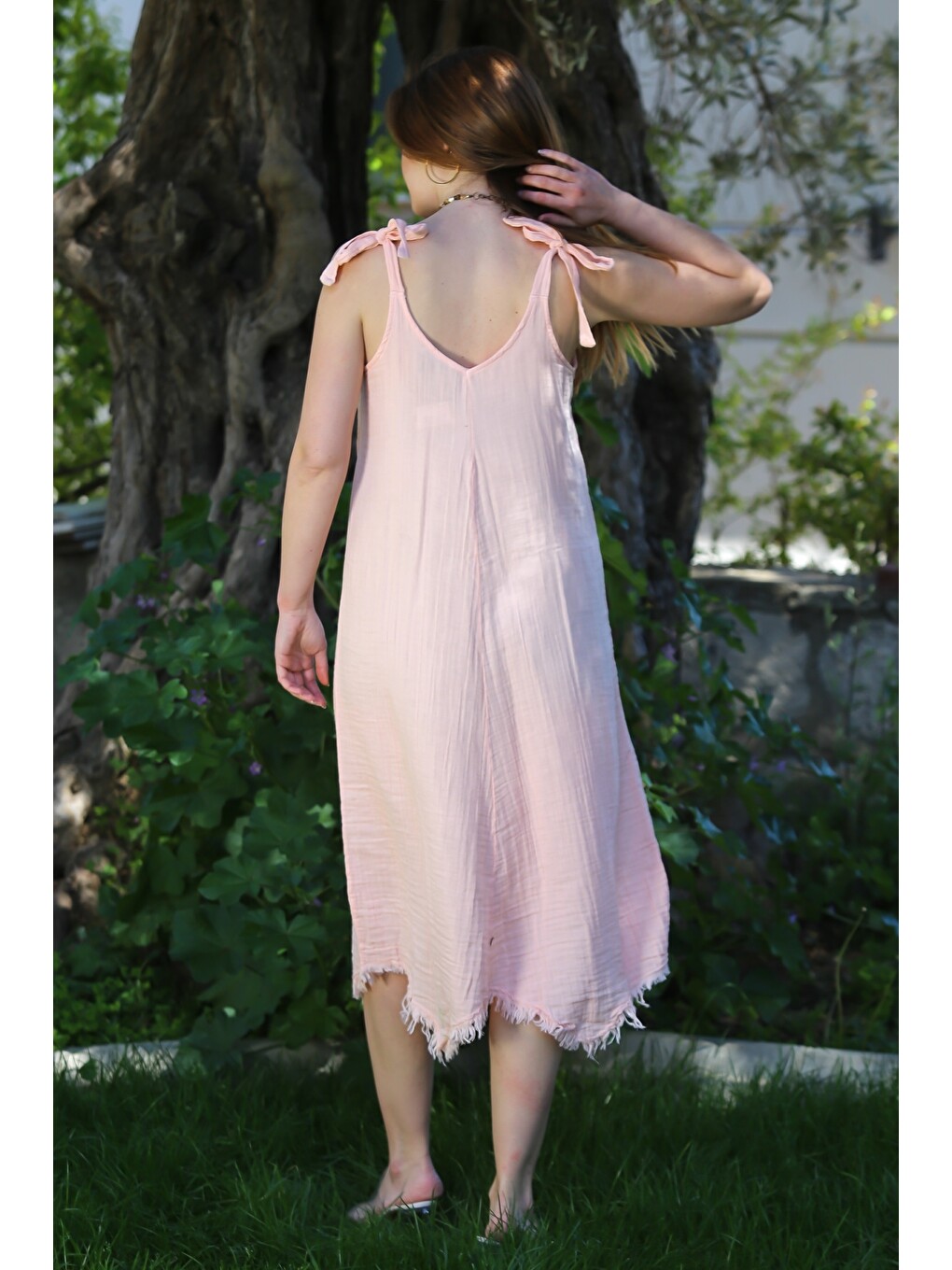 Pastel Pembe V Yaka Askılı Bağlamalı Cepli Pis Dikişli Casual Müslin Asimetrik Dokuma Elbise 115 55-5