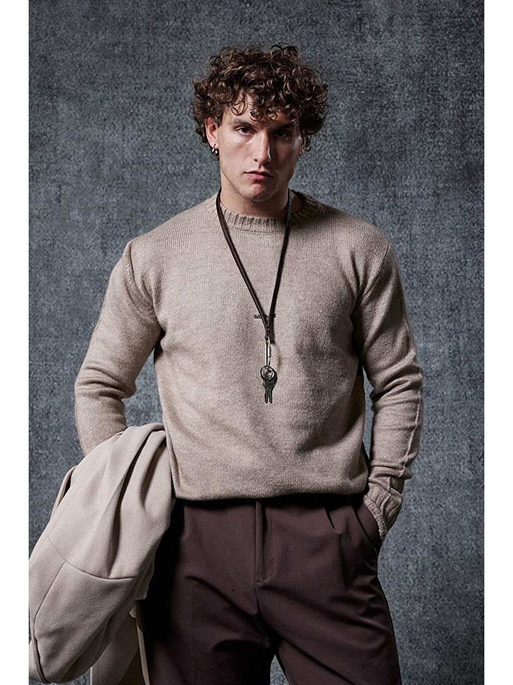 Bej Erkek Regular Fit Bisiklet Yaka Kazak Taş Rengi