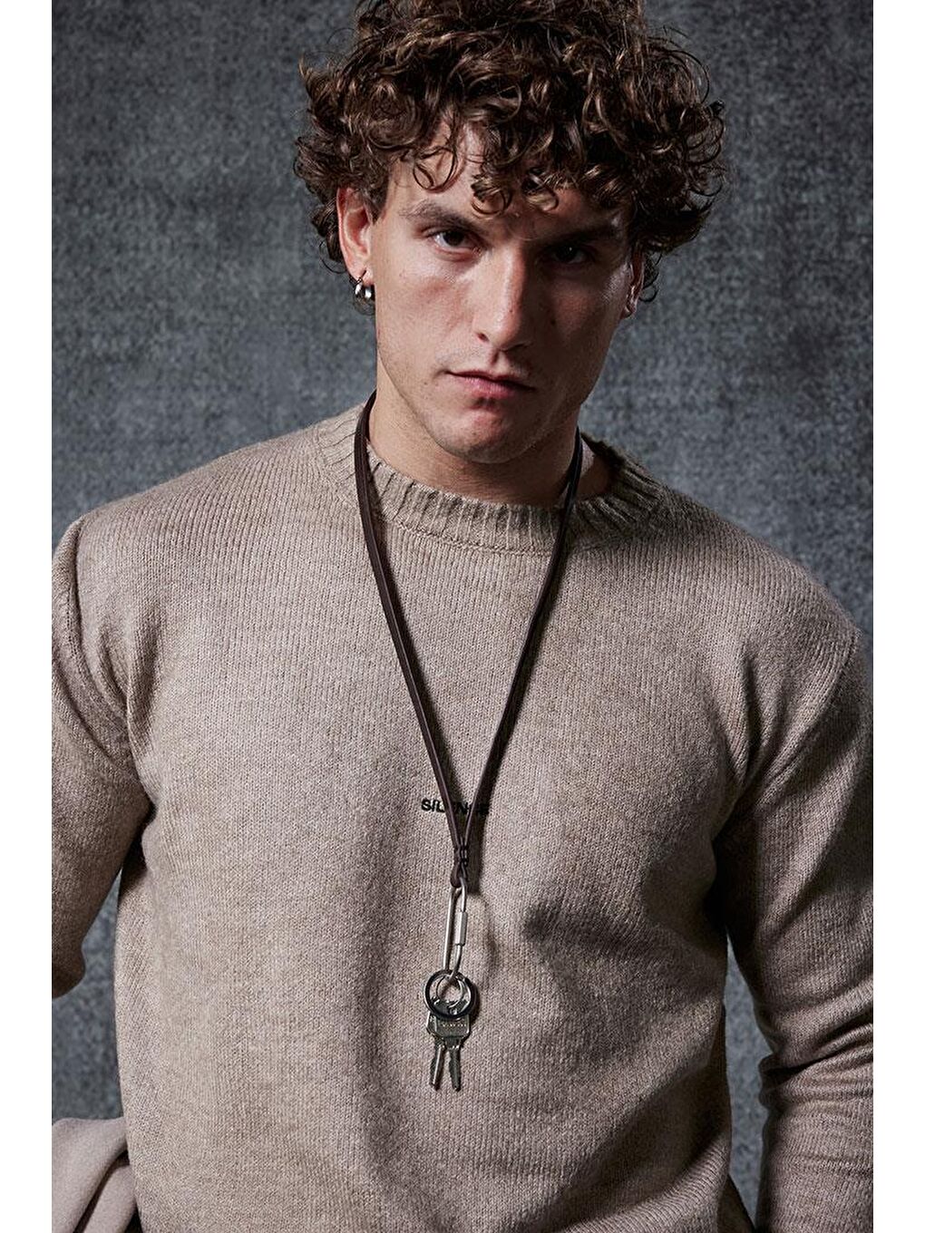 Bej Erkek Regular Fit Bisiklet Yaka Kazak Taş Rengi-1