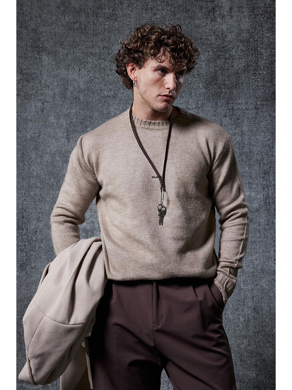 Bej Erkek Regular Fit Bisiklet Yaka Kazak Taş Rengi-2