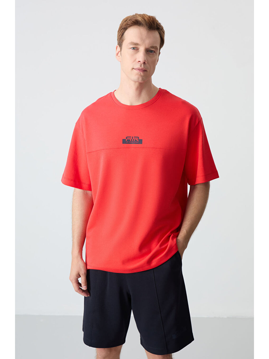 Kırmızı Fiesta - Lacivert Pamuklu Kalın Yumuşak Dokulu Oversize Fit Basic Erkek Şort Takım - 85259-1