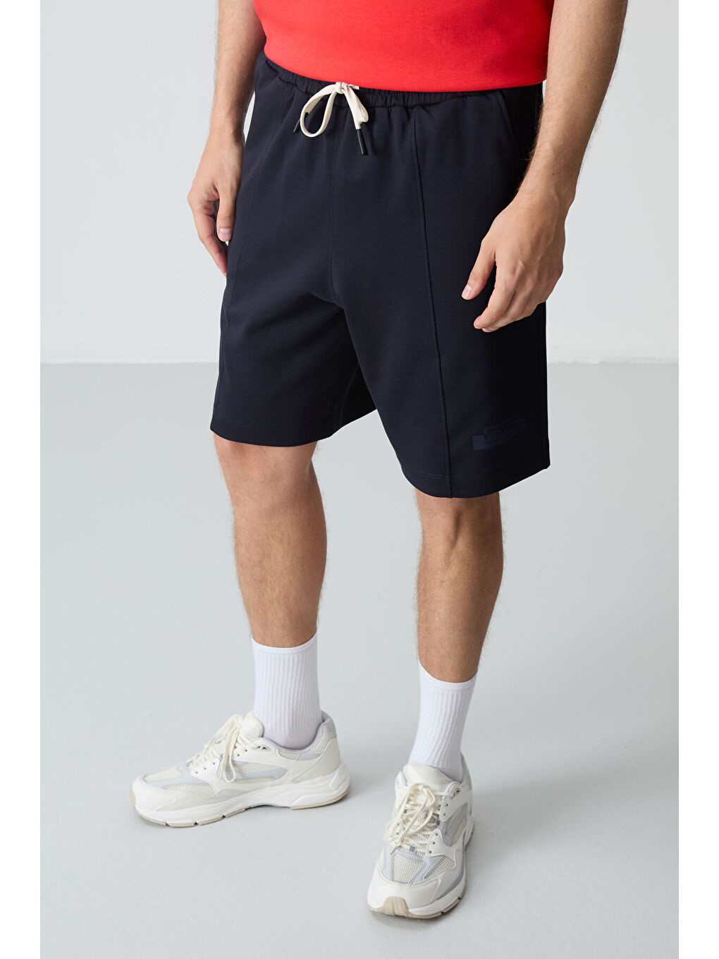 Kırmızı Fiesta - Lacivert Pamuklu Kalın Yumuşak Dokulu Oversize Fit Basic Erkek Şort Takım - 85259-4