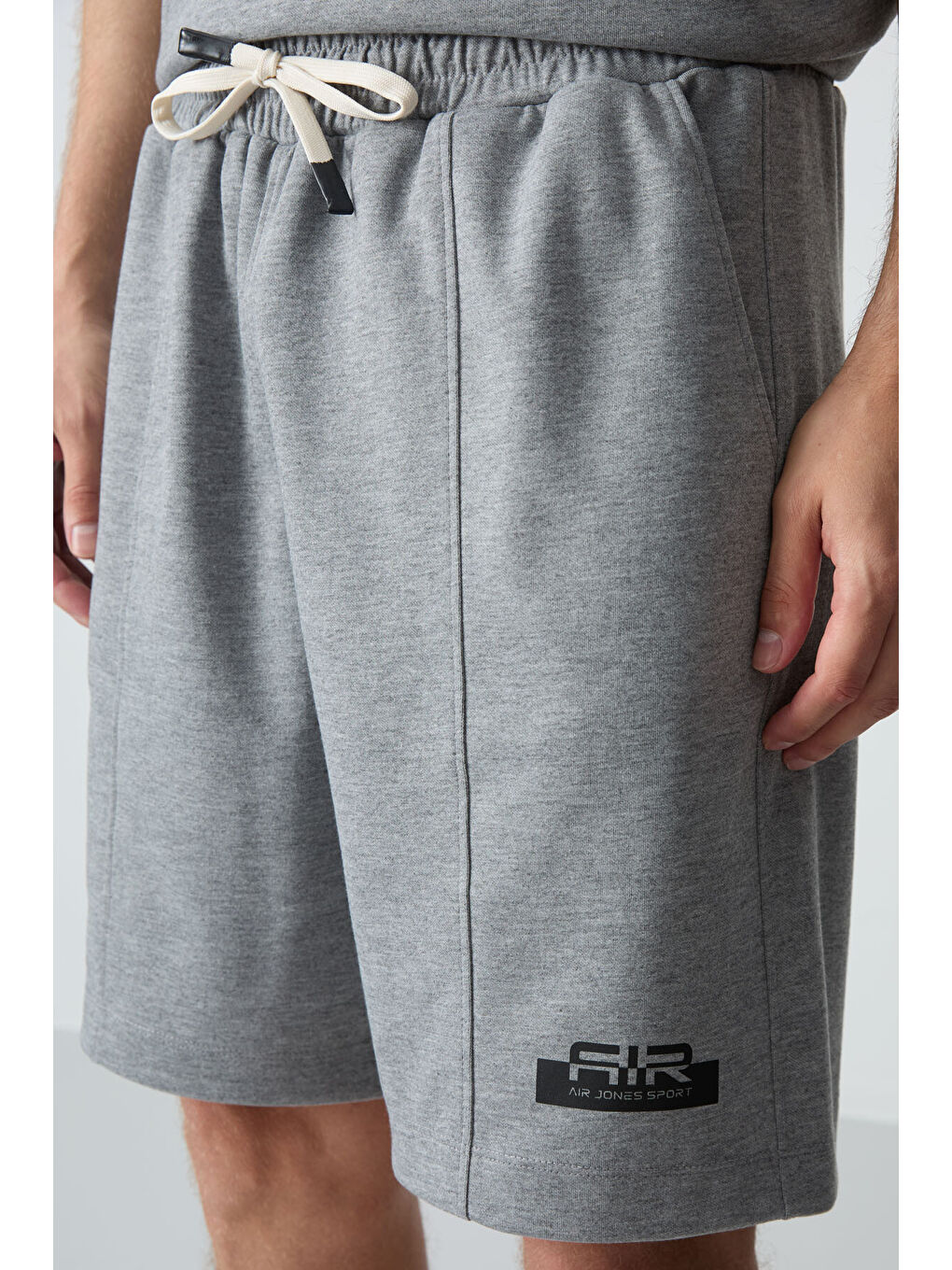 Gri Melanj Pamuklu Kalın Yumuşak Dokulu Oversize Fit Basic Erkek Şort Takım - 85259-3