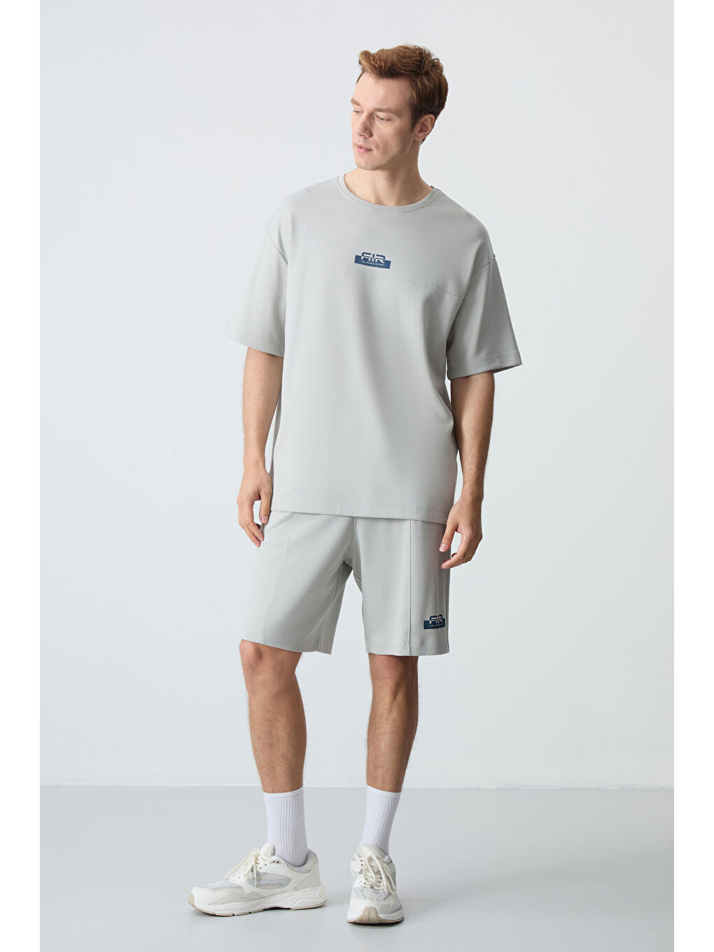 Bej Taş Pamuklu Kalın Yumuşak Dokulu Oversize Fit Basic Erkek Şort Takım - 85259