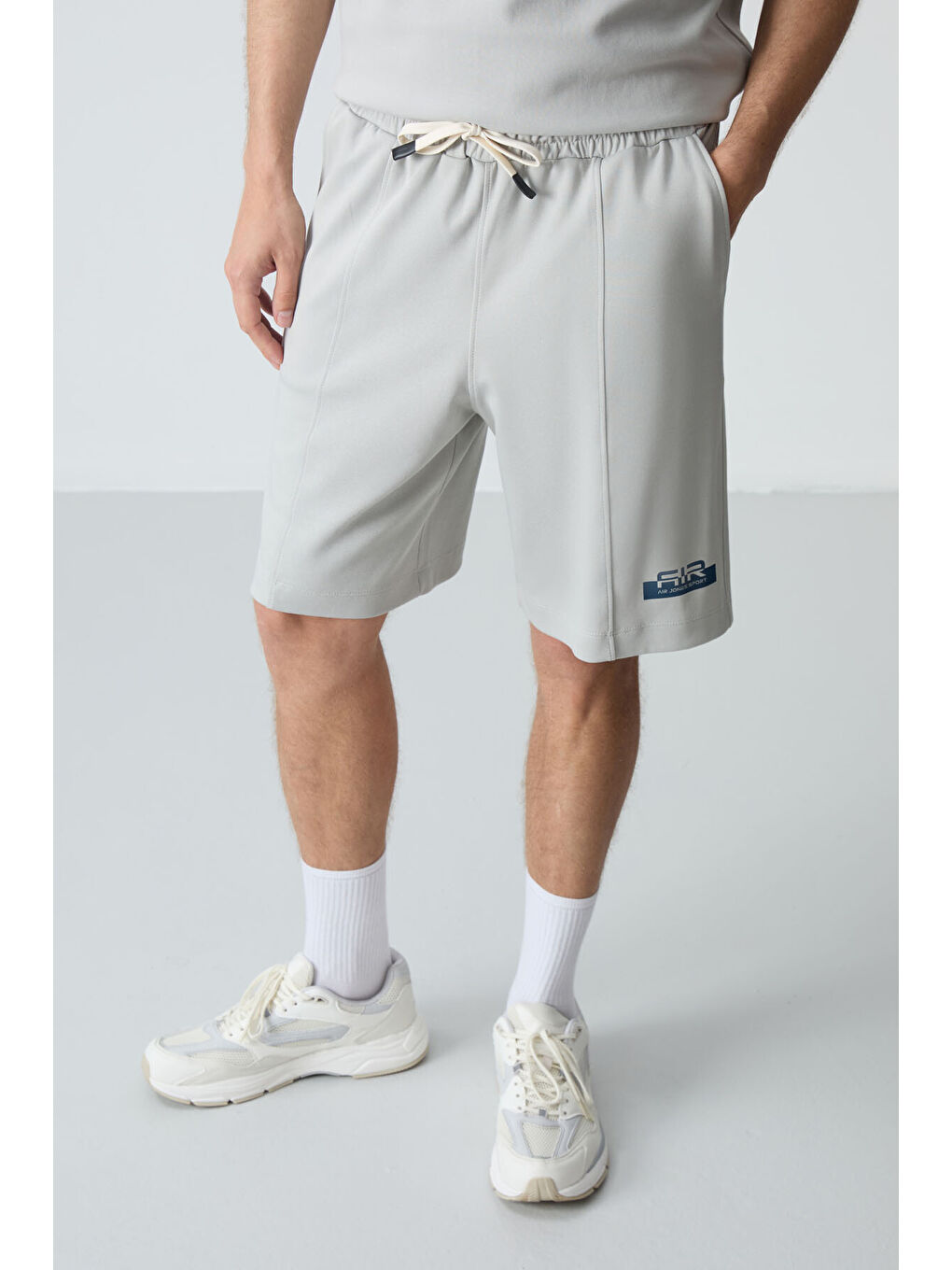 Bej Taş Pamuklu Kalın Yumuşak Dokulu Oversize Fit Basic Erkek Şort Takım - 85259-1