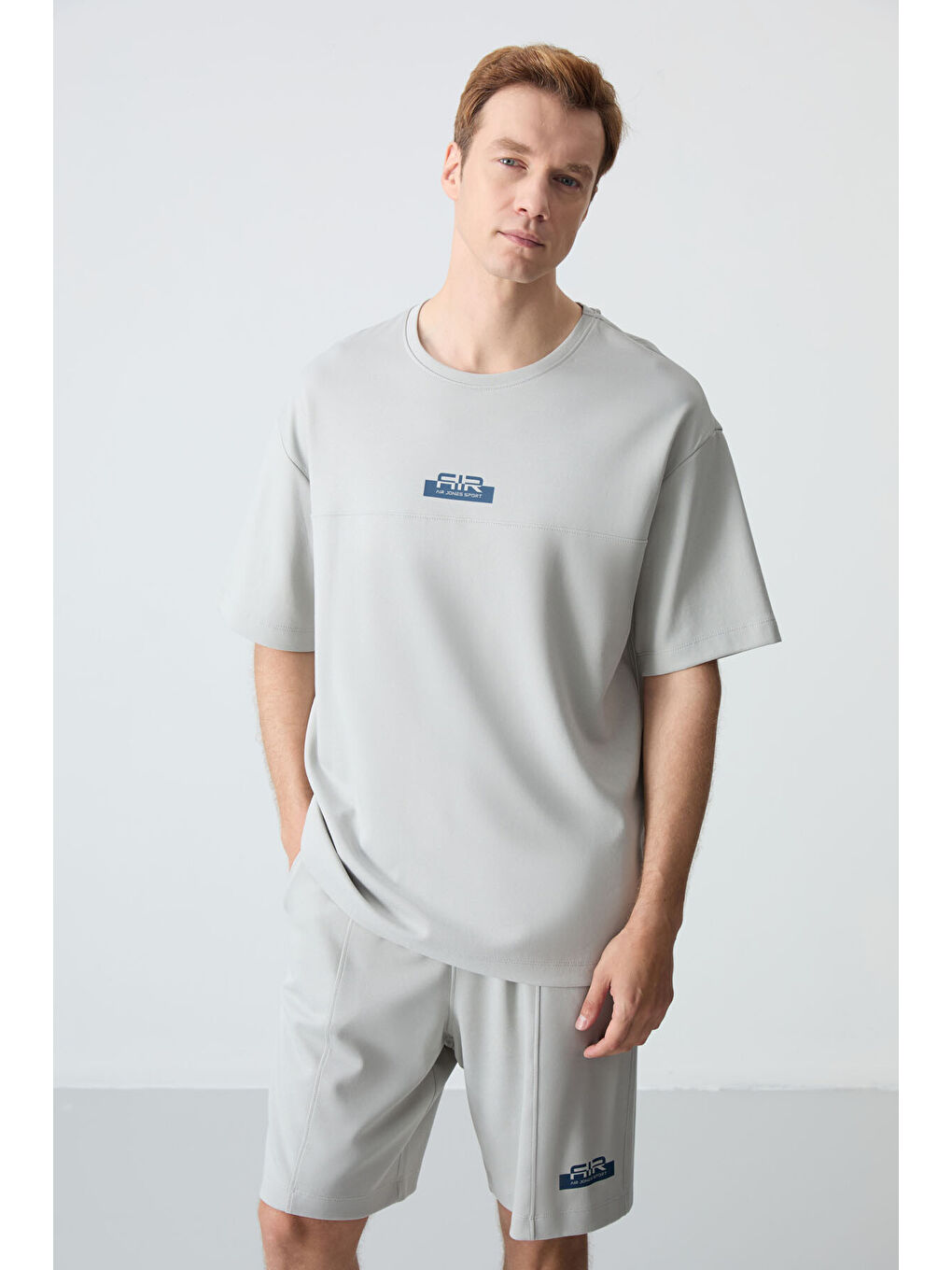 Bej Taş Pamuklu Kalın Yumuşak Dokulu Oversize Fit Basic Erkek Şort Takım - 85259-2