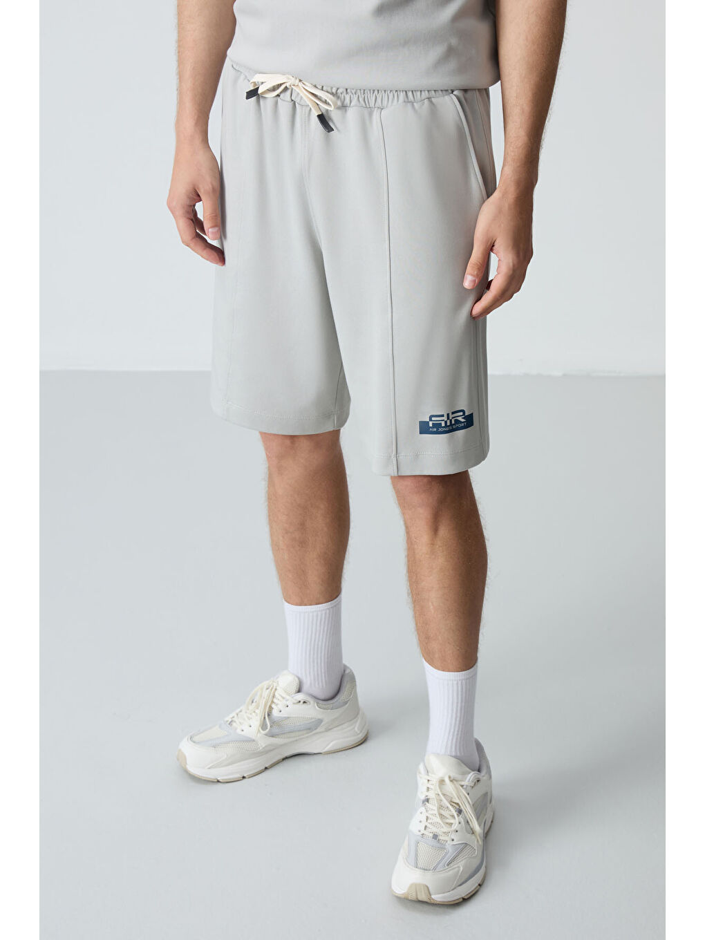 Bej Taş Pamuklu Kalın Yumuşak Dokulu Oversize Fit Basic Erkek Şort Takım - 85259-3