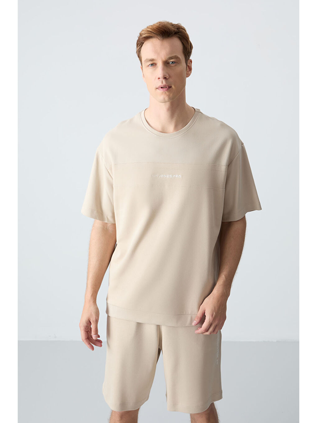 Bej Pamuklu Kalın Yumuşak Dokulu Comfort Fit Basic Erkek Şort Takım - 85257-4