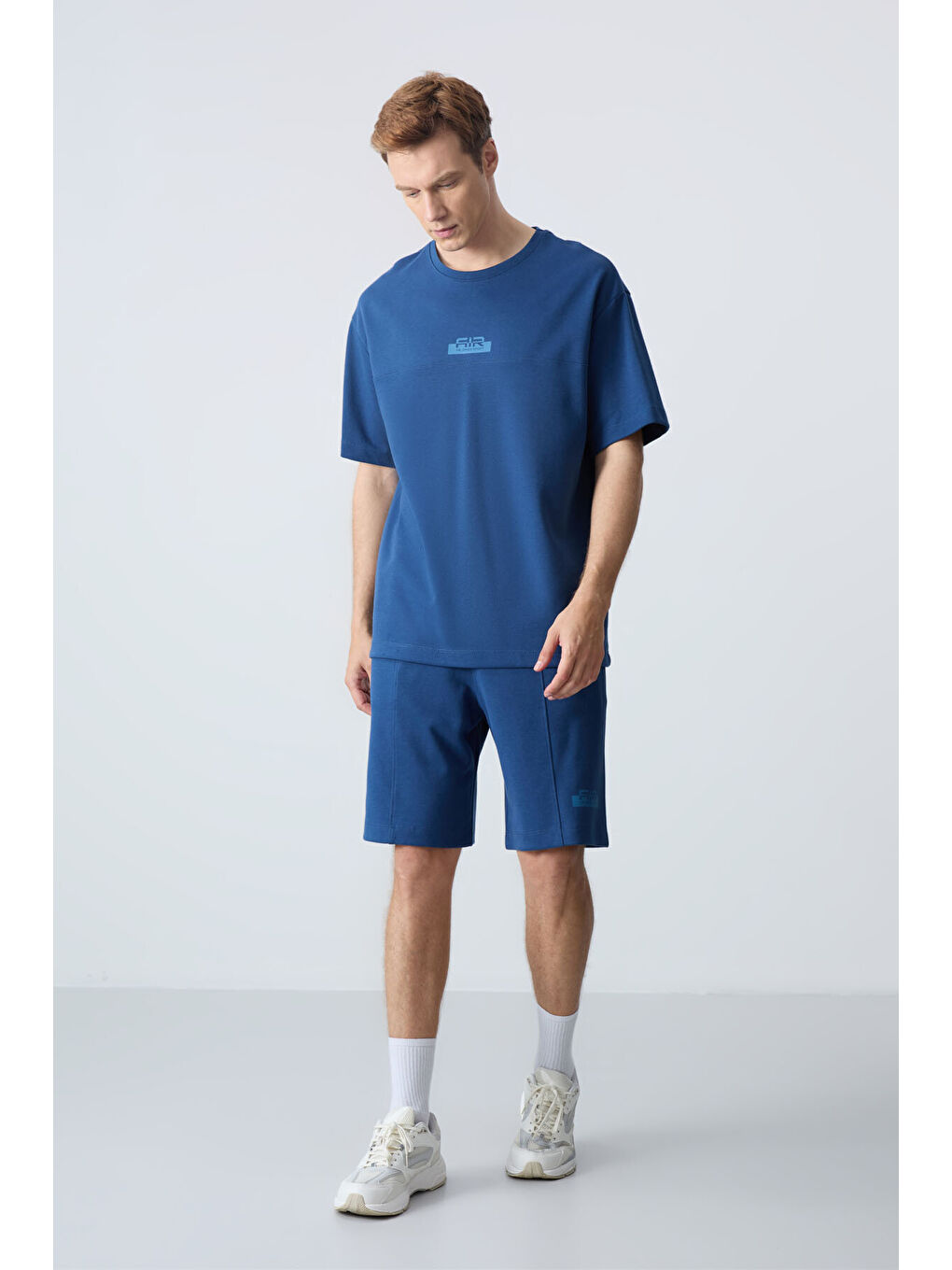 Mavi Parlament Pamuklu Kalın Yumuşak Dokulu Oversize Fit Basic Erkek Şort Takım - 85259