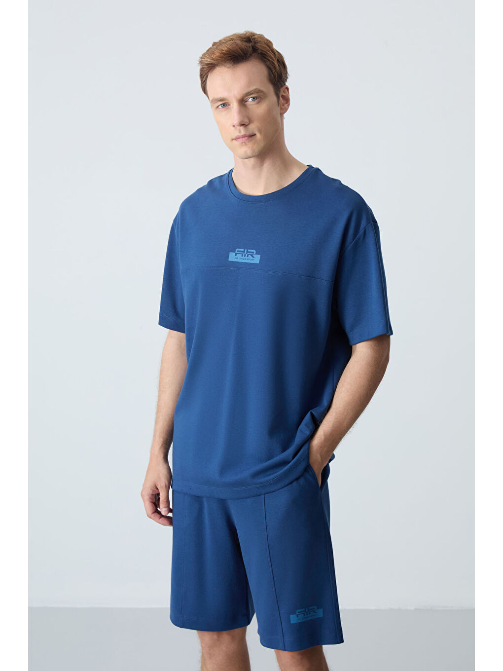 Mavi Parlament Pamuklu Kalın Yumuşak Dokulu Oversize Fit Basic Erkek Şort Takım - 85259-1