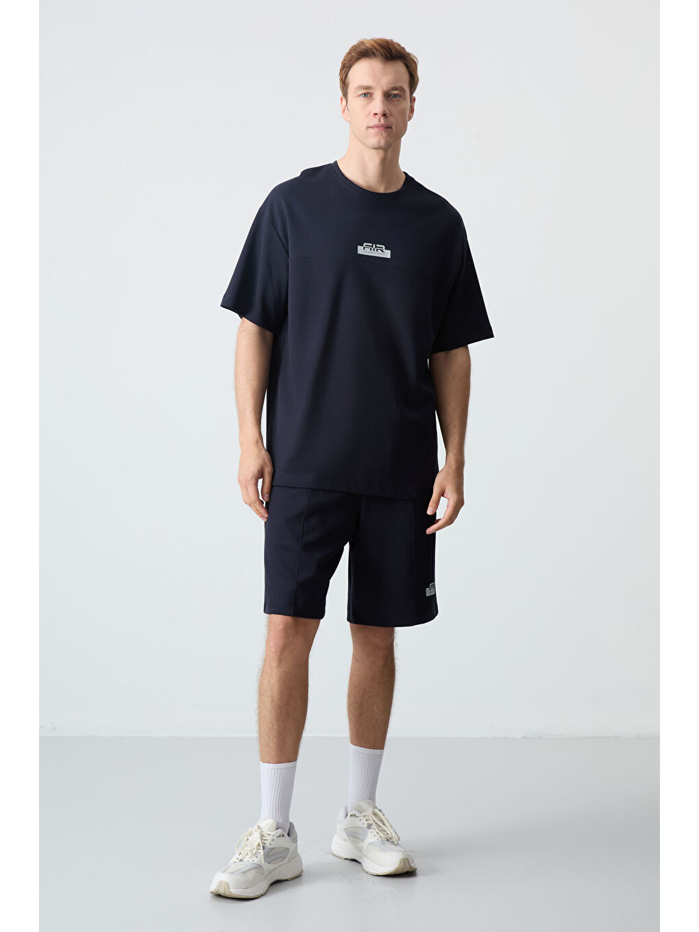 Lacivert Pamuklu Kalın Yumuşak Dokulu Oversize Fit Basic Erkek Şort Takım - 85259