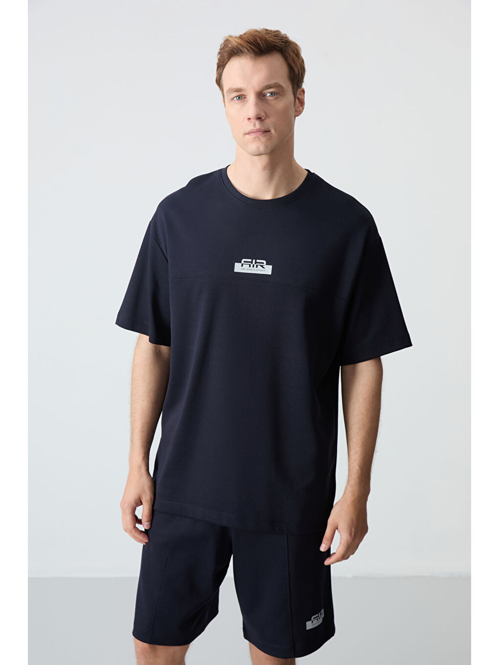 Lacivert Pamuklu Kalın Yumuşak Dokulu Oversize Fit Basic Erkek Şort Takım - 85259-1