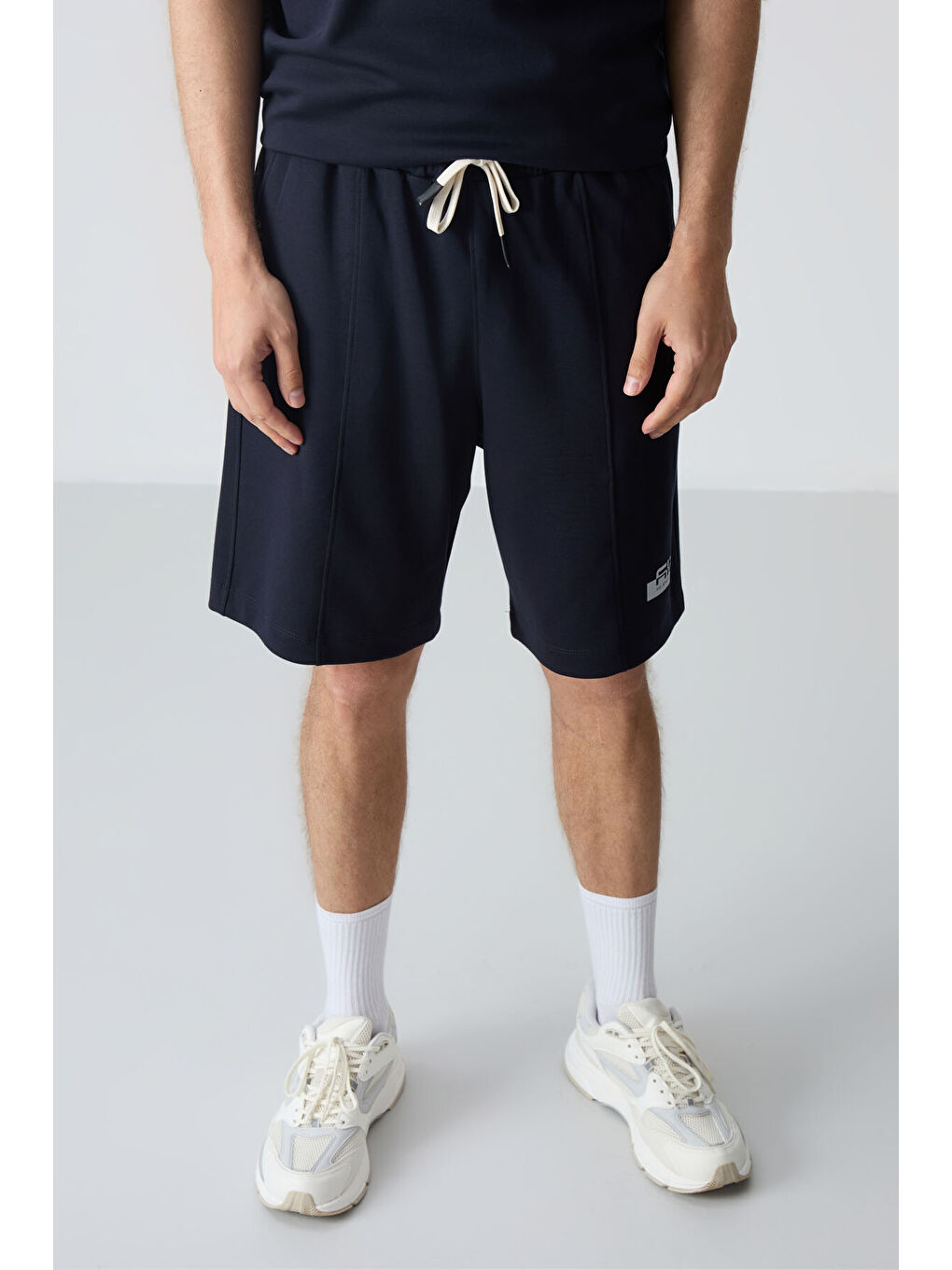 Lacivert Pamuklu Kalın Yumuşak Dokulu Oversize Fit Basic Erkek Şort Takım - 85259-3