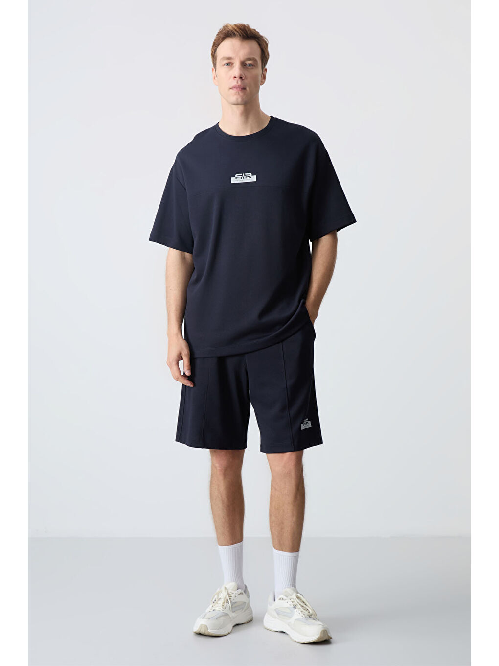 Lacivert Pamuklu Kalın Yumuşak Dokulu Oversize Fit Basic Erkek Şort Takım - 85259-4