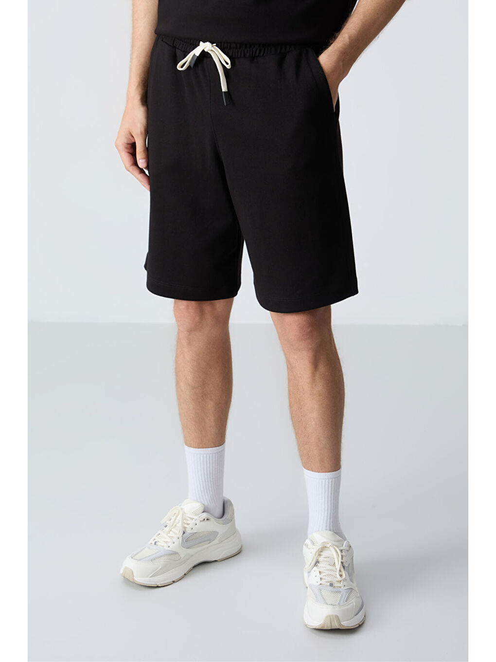 Siyah Pamuklu Kalın Yumuşak Dokulu Oversize Fit Basic Erkek Şort Takım - 85257-1