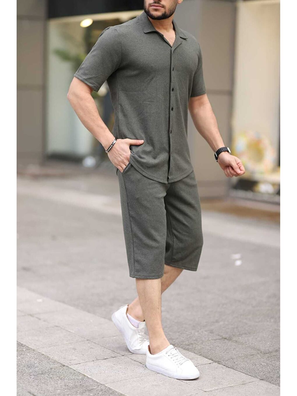 Haki Waffle Kumaş Kapri Şort Gömlek Erkek Kısa Kollu Takım