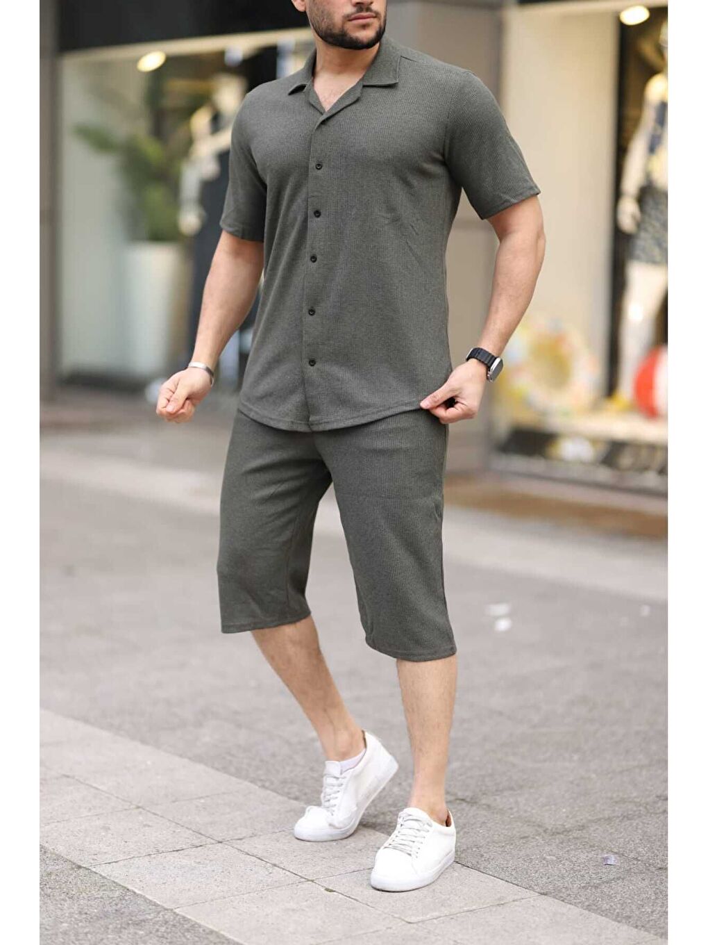 Haki Waffle Kumaş Kapri Şort Gömlek Erkek Kısa Kollu Takım-1