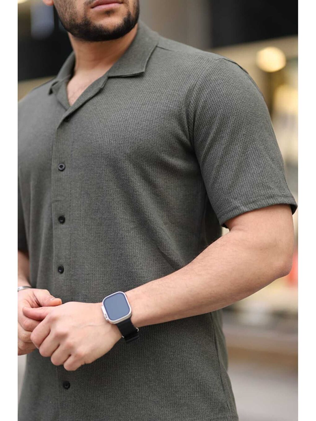 Haki Waffle Kumaş Kapri Şort Gömlek Erkek Kısa Kollu Takım-2