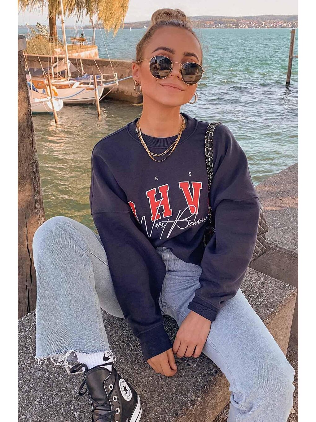 Lacivert Nakışlı Sweatshirt Mg813-3