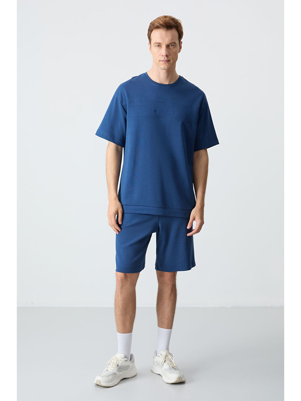 Mavi Parlament Pamuklu Kalın Yumuşak Dokulu OversizeFit Basic Erkek Şort Takım - 85257