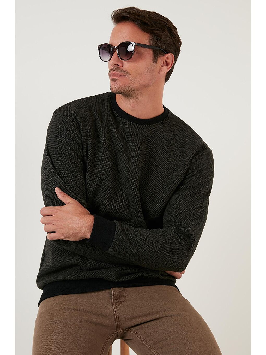 Haki Slim Fit Bisiklet Yaka Pamuklu Kazak 456201