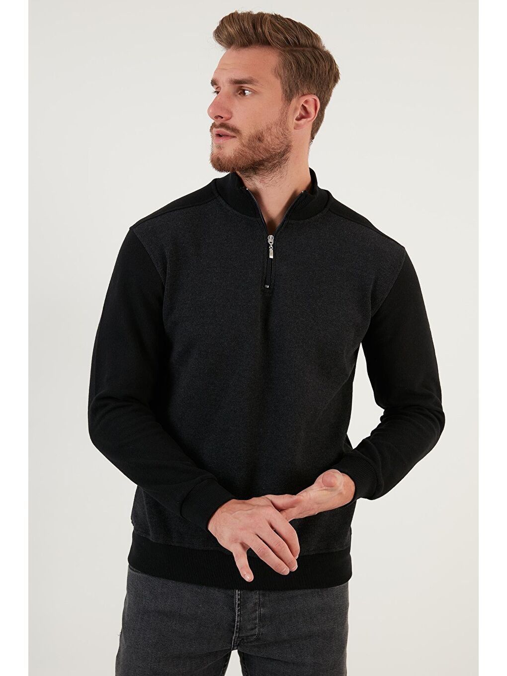 Antrasit Pamuklu Yarım Fermuarlı Balıkçı Yaka Erkek Kazak 456209