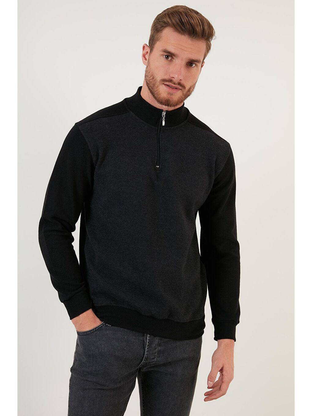 Antrasit Pamuklu Yarım Fermuarlı Balıkçı Yaka Erkek Kazak 456209-1