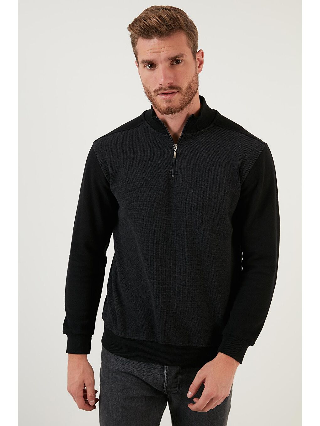 Antrasit Pamuklu Yarım Fermuarlı Balıkçı Yaka Erkek Kazak 456209-3