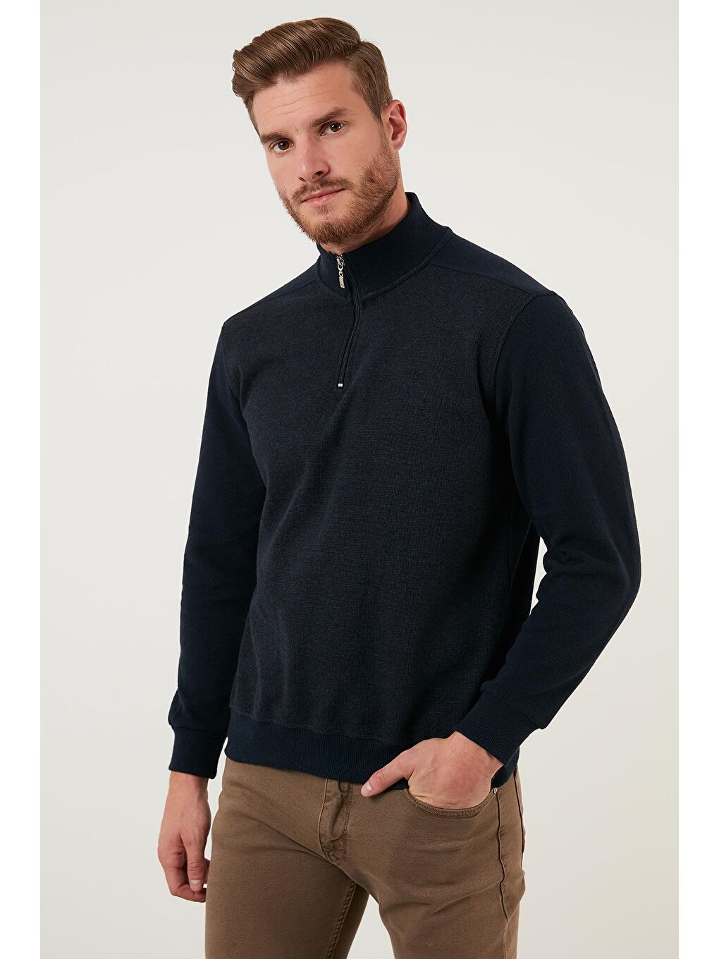 Lacivert Pamuklu Yarım Fermuarlı Balıkçı Yaka Erkek Kazak 456209