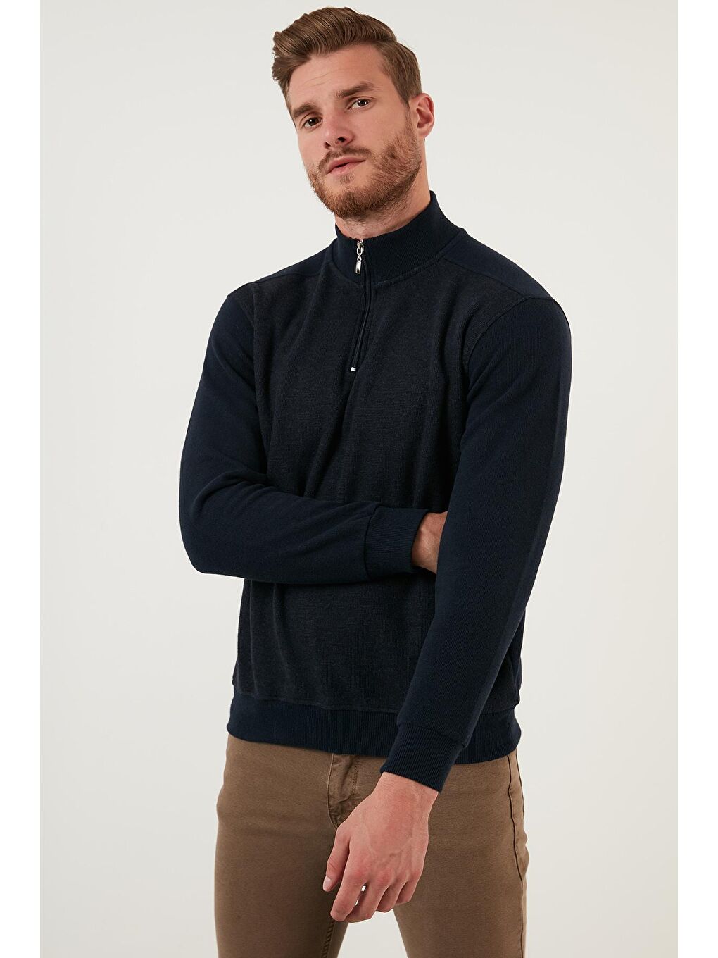 Lacivert Pamuklu Yarım Fermuarlı Balıkçı Yaka Erkek Kazak 456209-2