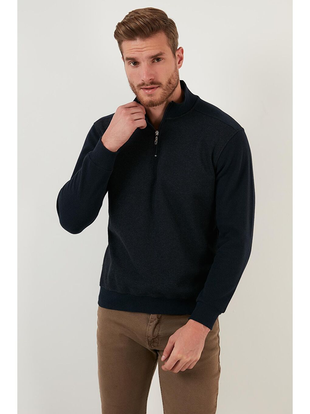 Lacivert Pamuklu Yarım Fermuarlı Balıkçı Yaka Erkek Kazak 456209-3