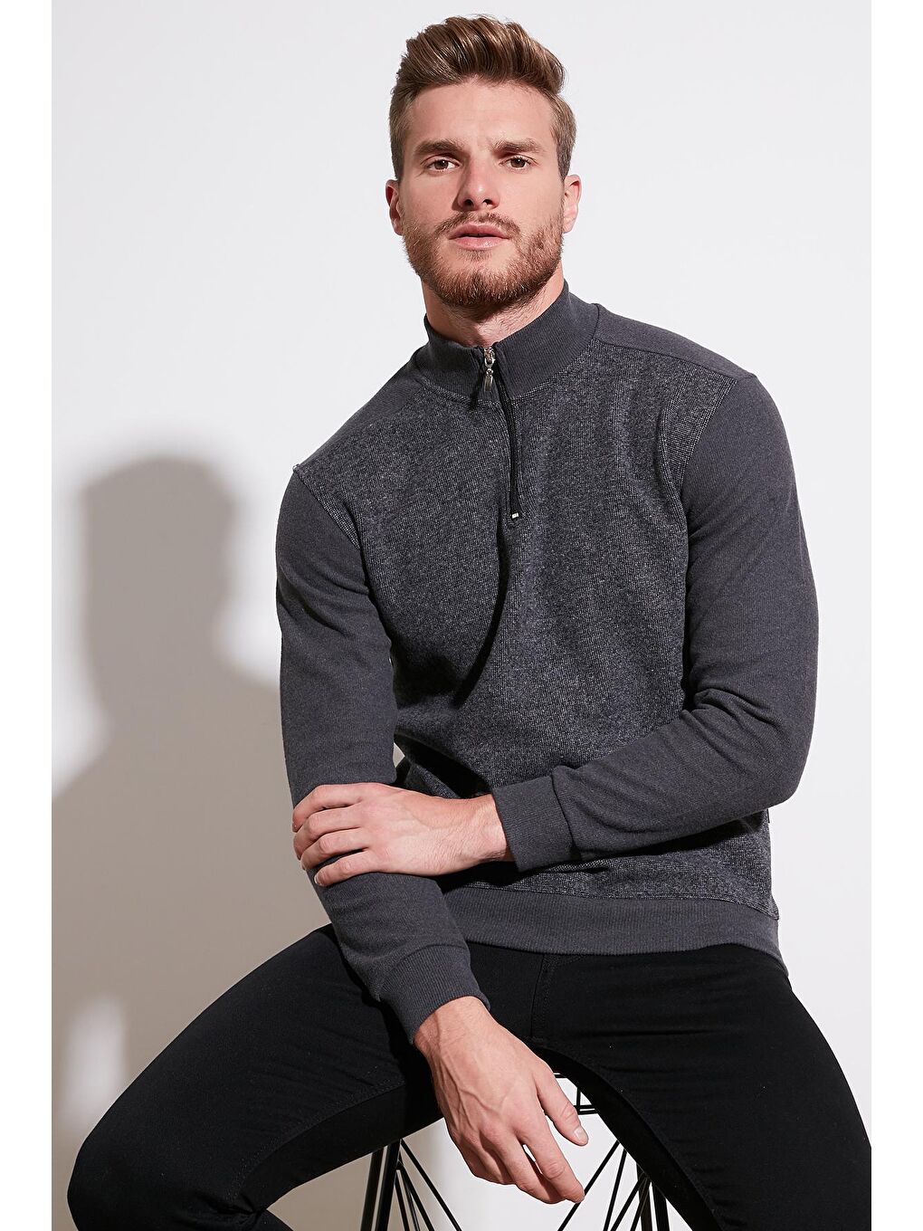 Gri Pamuklu Yarım Fermuarlı Balıkçı Yaka Erkek Kazak 456209