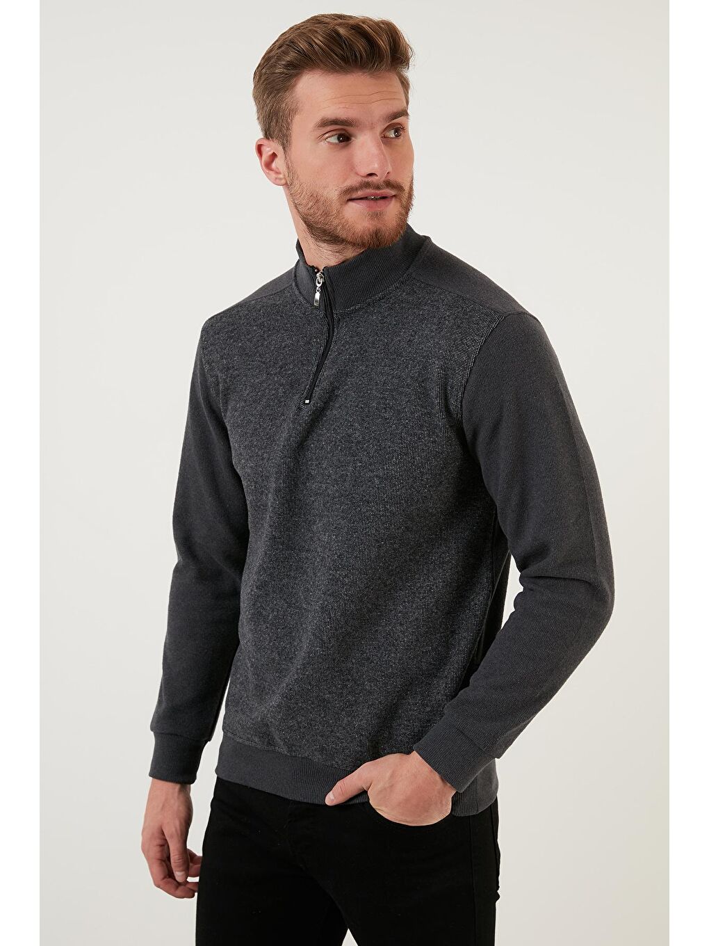 Gri Pamuklu Yarım Fermuarlı Balıkçı Yaka Erkek Kazak 456209-1