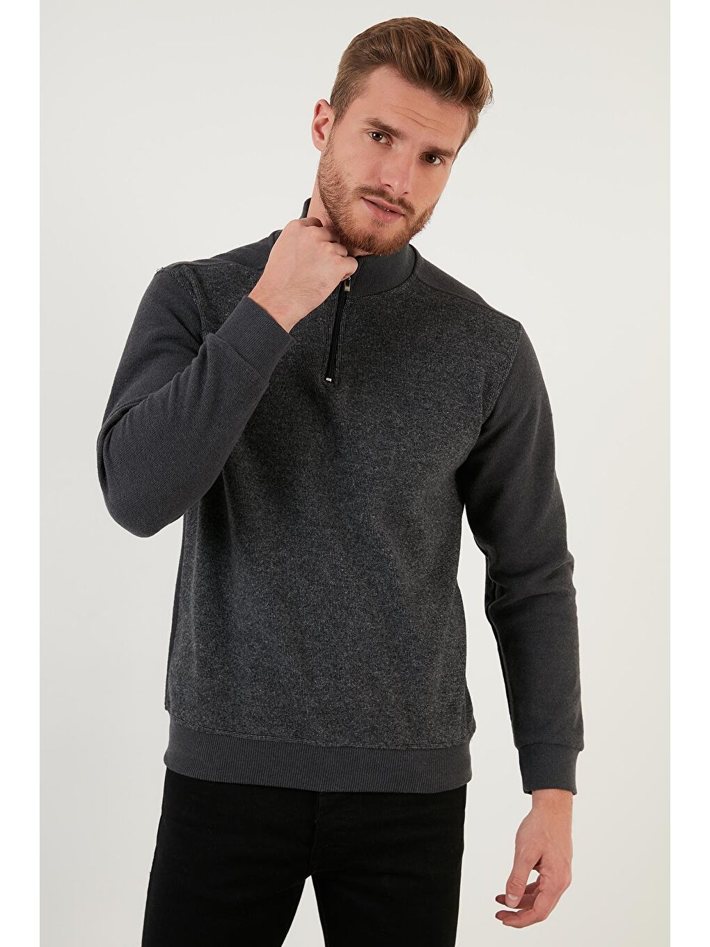 Gri Pamuklu Yarım Fermuarlı Balıkçı Yaka Erkek Kazak 456209-2