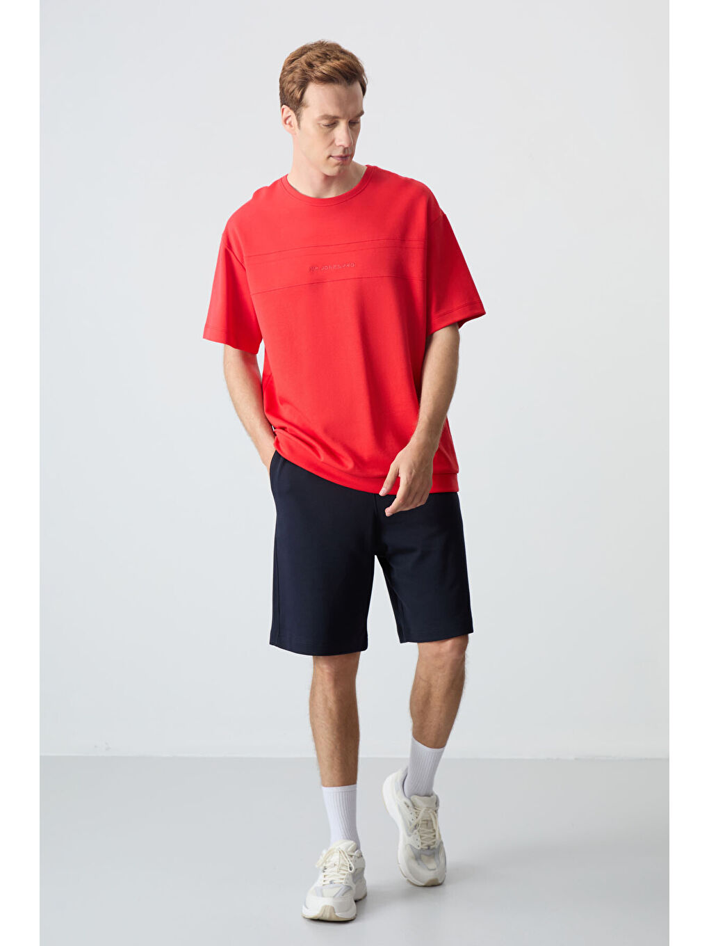 Kırmızı Fiesta Lacivert Pamuklu Kalın Yumuşak Dokulu Oversize Fit Basic Erkek Şort Takım - 85257