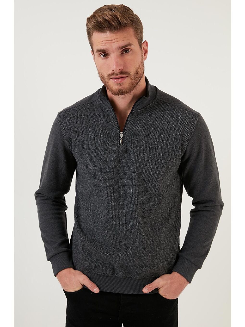 Gri Pamuklu Yarım Fermuarlı Balıkçı Yaka Erkek Kazak 456209-3