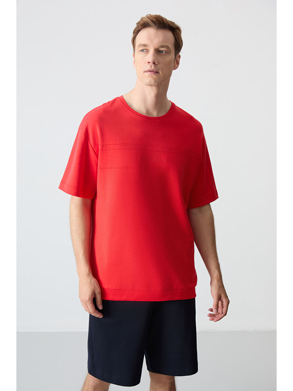 Kırmızı Fiesta Lacivert Pamuklu Kalın Yumuşak Dokulu Oversize Fit Basic Erkek Şort Takım - 85257-4