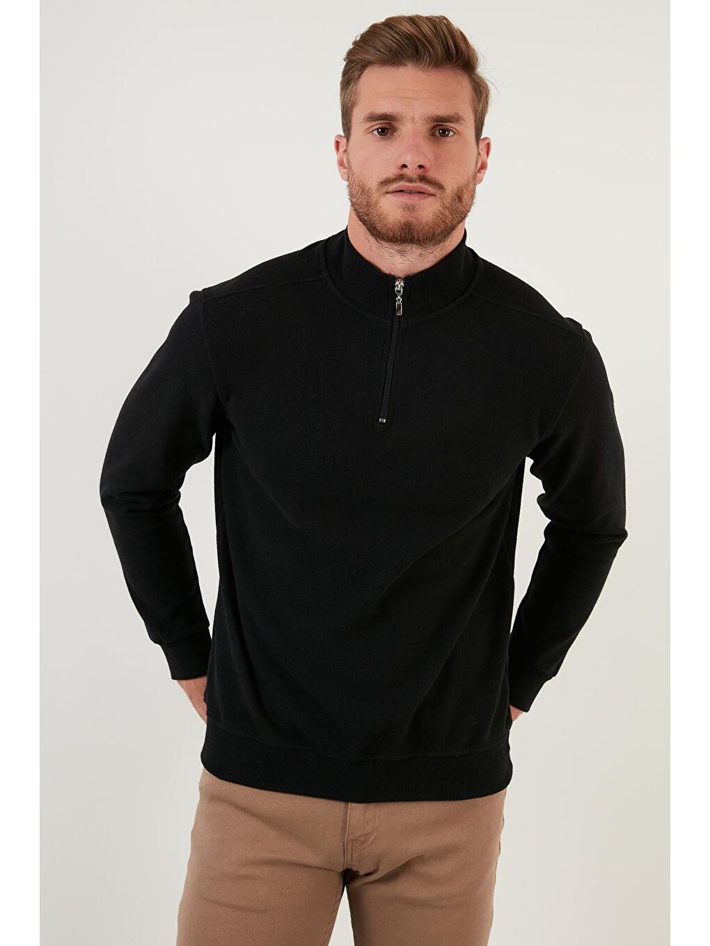 Siyah Pamuklu Yarım Fermuarlı Balıkçı Yaka Erkek Kazak 456209