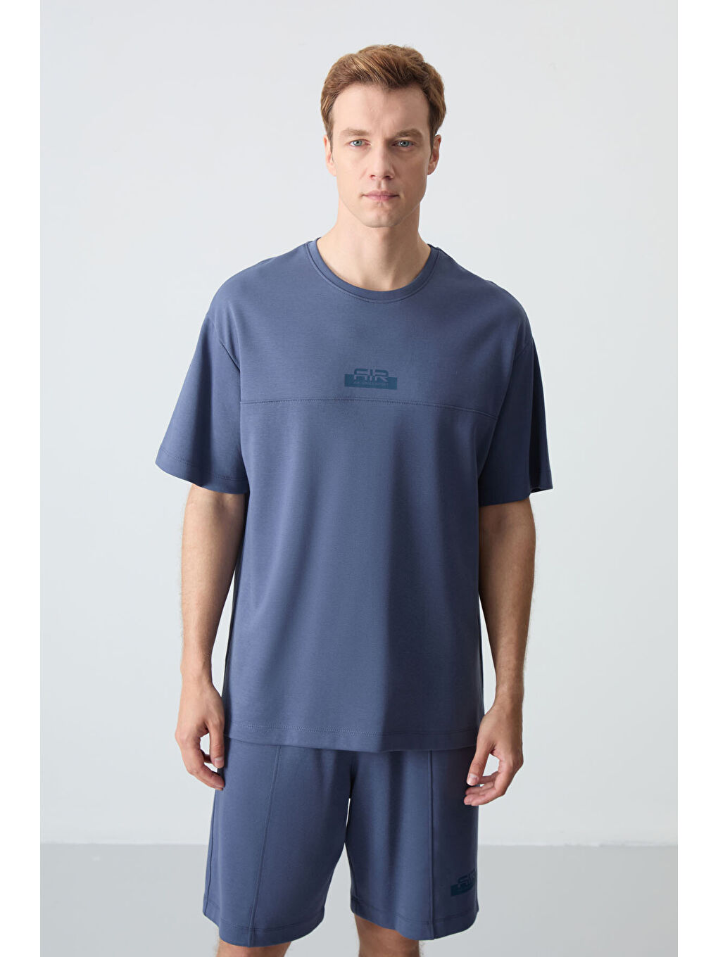 Petrol Pamuklu Kalın Yumuşak Dokulu Oversize Fit Basic Erkek Şort Takım - 85259-1