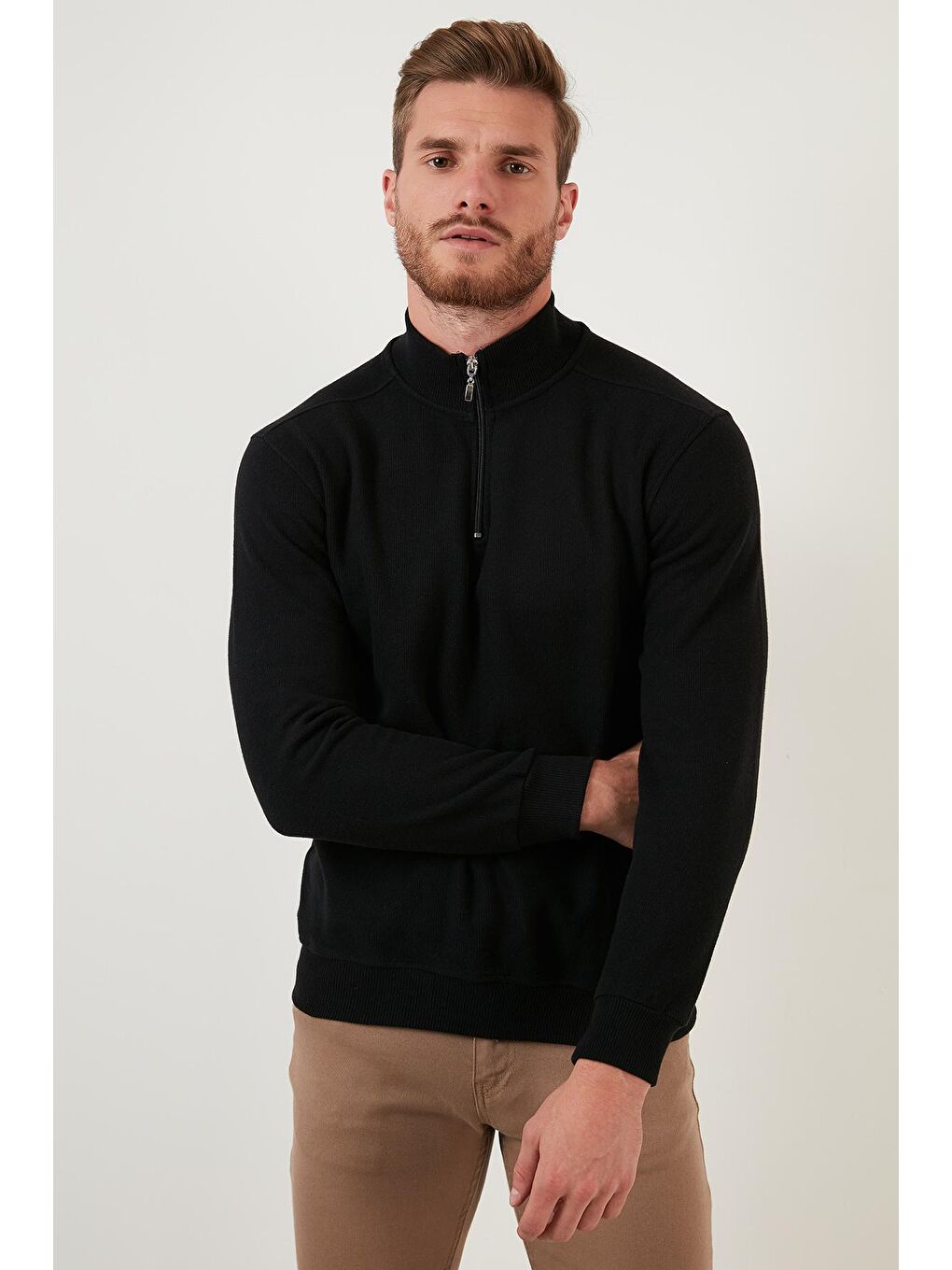 Siyah Pamuklu Yarım Fermuarlı Balıkçı Yaka Erkek Kazak 456209-2