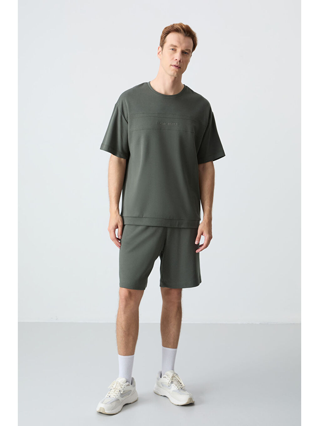 Haki Pamuklu Kalın Yumuşak Dokulu Oversize Fit Basic Erkek Şort Takım - 85257