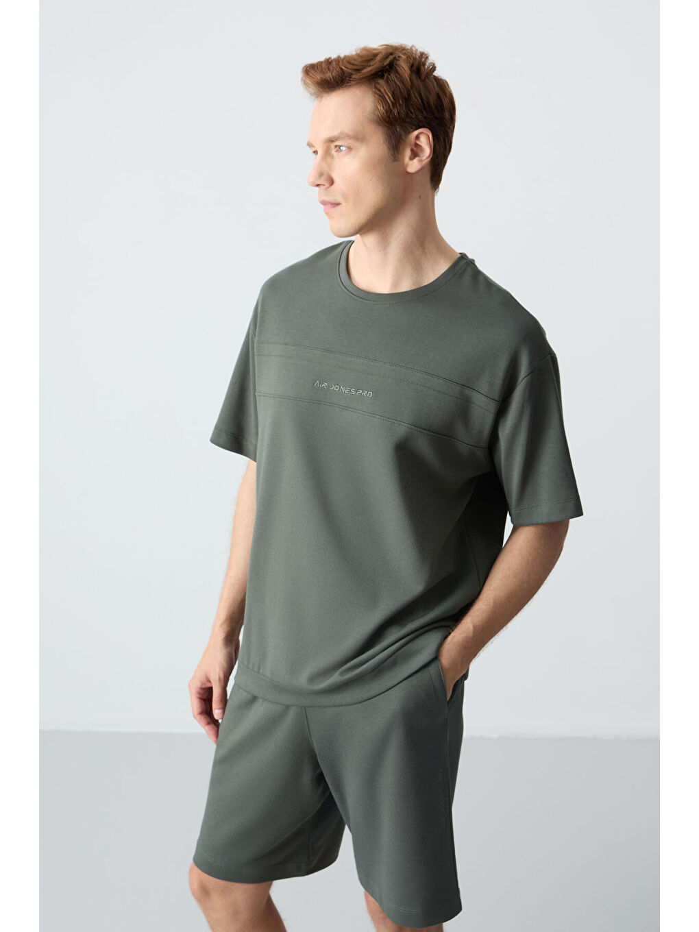 Haki Pamuklu Kalın Yumuşak Dokulu Oversize Fit Basic Erkek Şort Takım - 85257-3