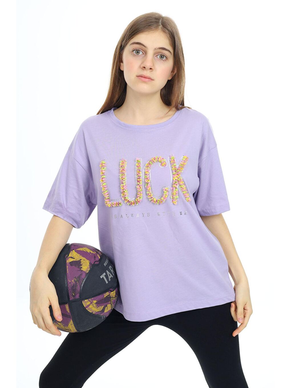 Lila Luck Yazılı Bisiklet Yaka Kız Tişört 17803-2