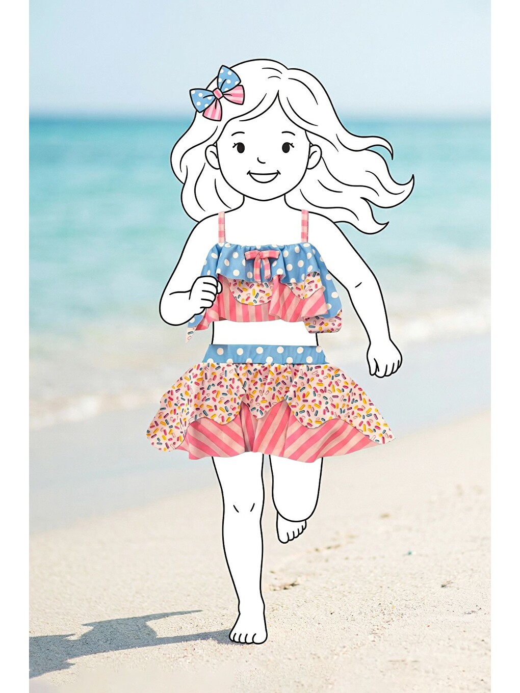 Pembe Fırfırlı Kız Çocuk Renkli Şeker Desenli Bikini Takımı-2