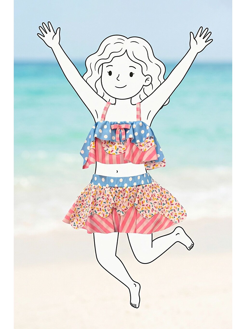 Pembe Fırfırlı Kız Çocuk Renkli Şeker Desenli Bikini Takımı-4