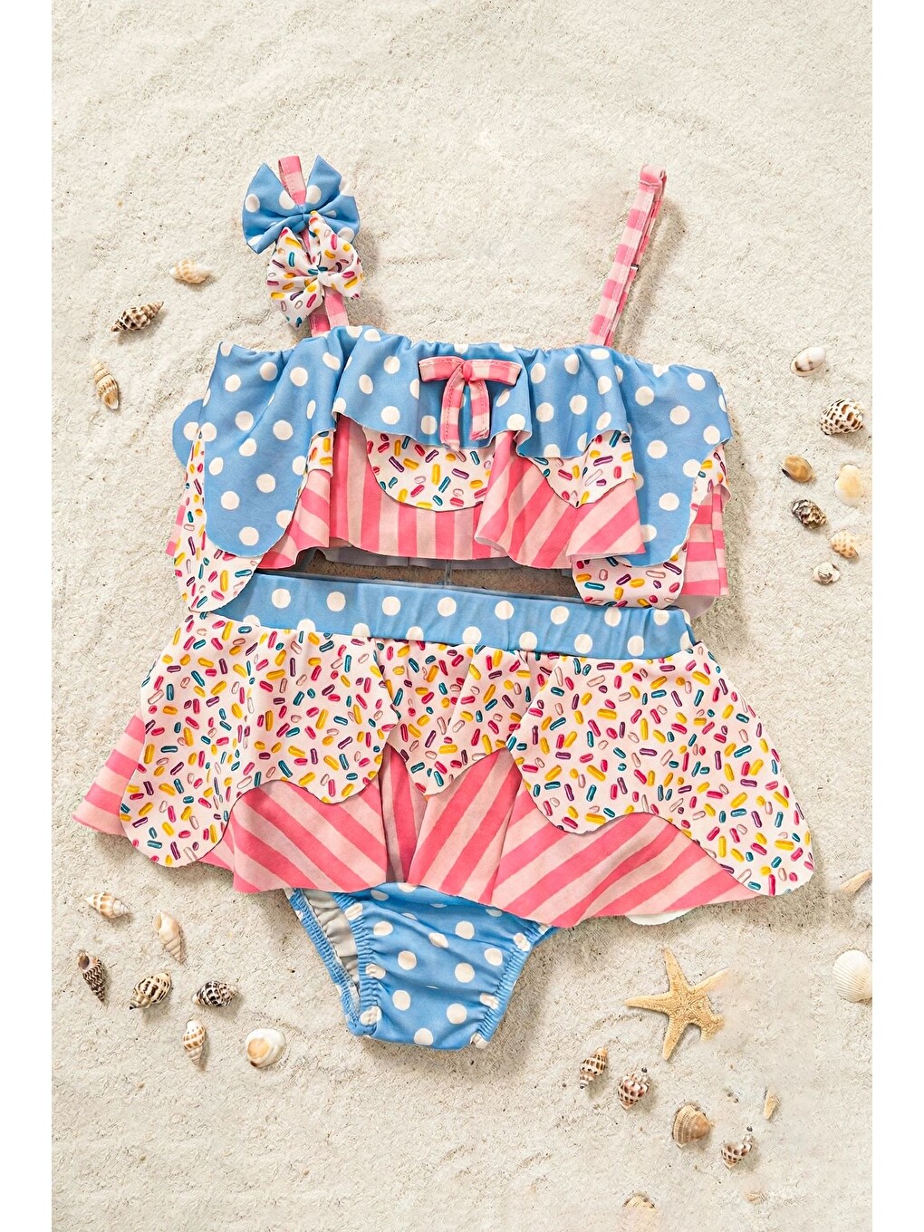 Pembe Fırfırlı Kız Çocuk Renkli Şeker Desenli Bikini Takımı-5